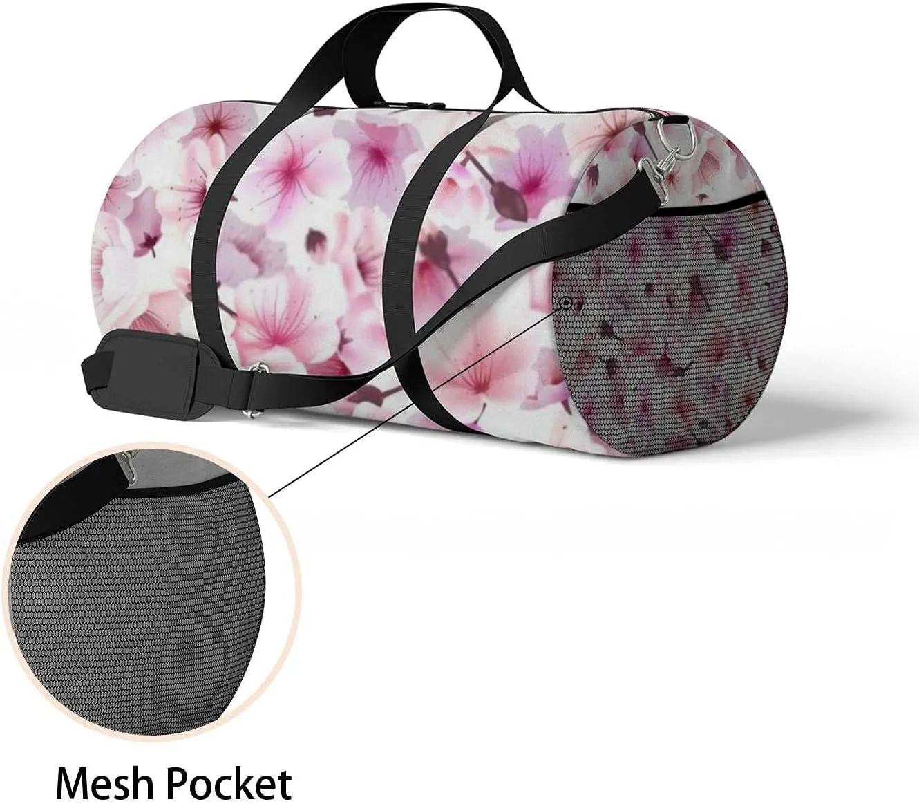 Blossoming Oriental Cherry Flowers Sports Duffel Bag Travel Gym Tote Bags Lightweight Durable Shoulder Strap Waterproof Polyester Outside Mesh Pocket Overnight Trip Duffel Bag for Women Men