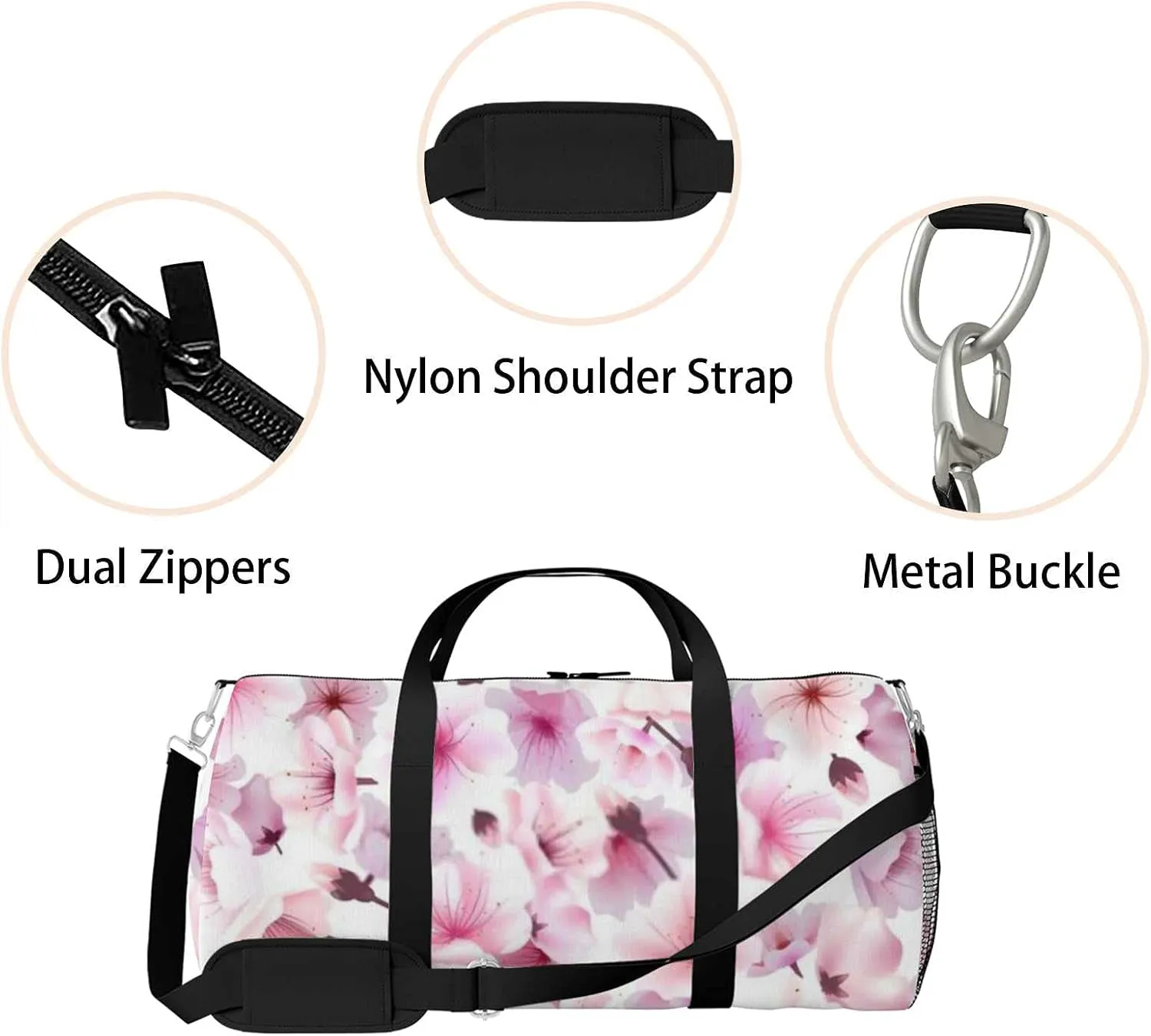 Blossoming Oriental Cherry Flowers Sports Duffel Bag Travel Gym Tote Bags Lightweight Durable Shoulder Strap Waterproof Polyester Outside Mesh Pocket Overnight Trip Duffel Bag for Women Men