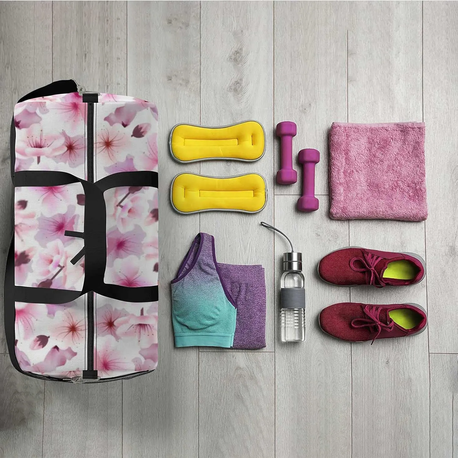 Blossoming Oriental Cherry Flowers Sports Duffel Bag Travel Gym Tote Bags Lightweight Durable Shoulder Strap Waterproof Polyester Outside Mesh Pocket Overnight Trip Duffel Bag for Women Men