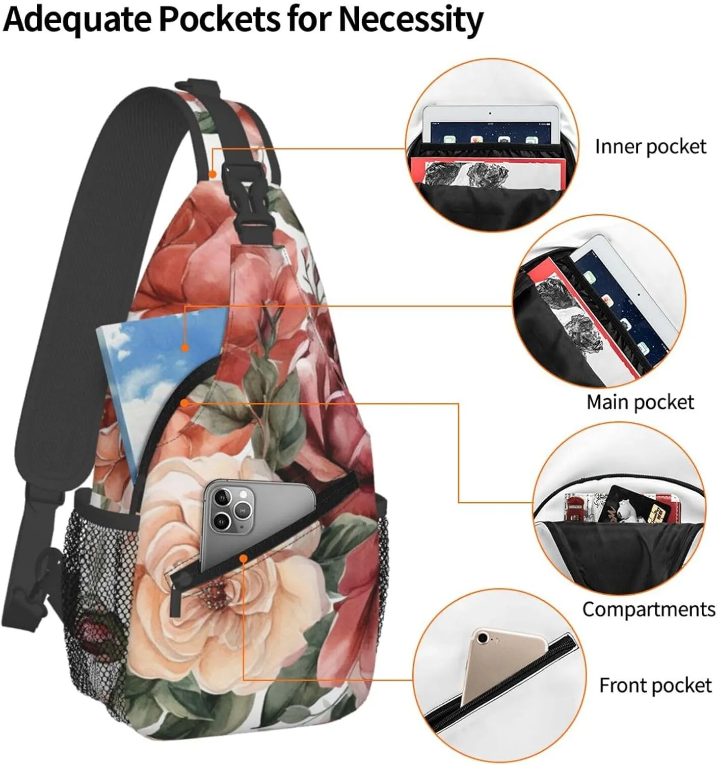 Blossoming Rose Flowers Sling Bag Backpack For Men Cross Chest Bag Crossbody Shoulder Bag Travel Hiking Daypack