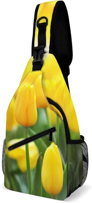 Blossoming Yellow Tulips Sling Backpack Plantation Crossbody Chest Bag with Anti Theft,Multipurpose Travel Hiking Daypack for Men Women