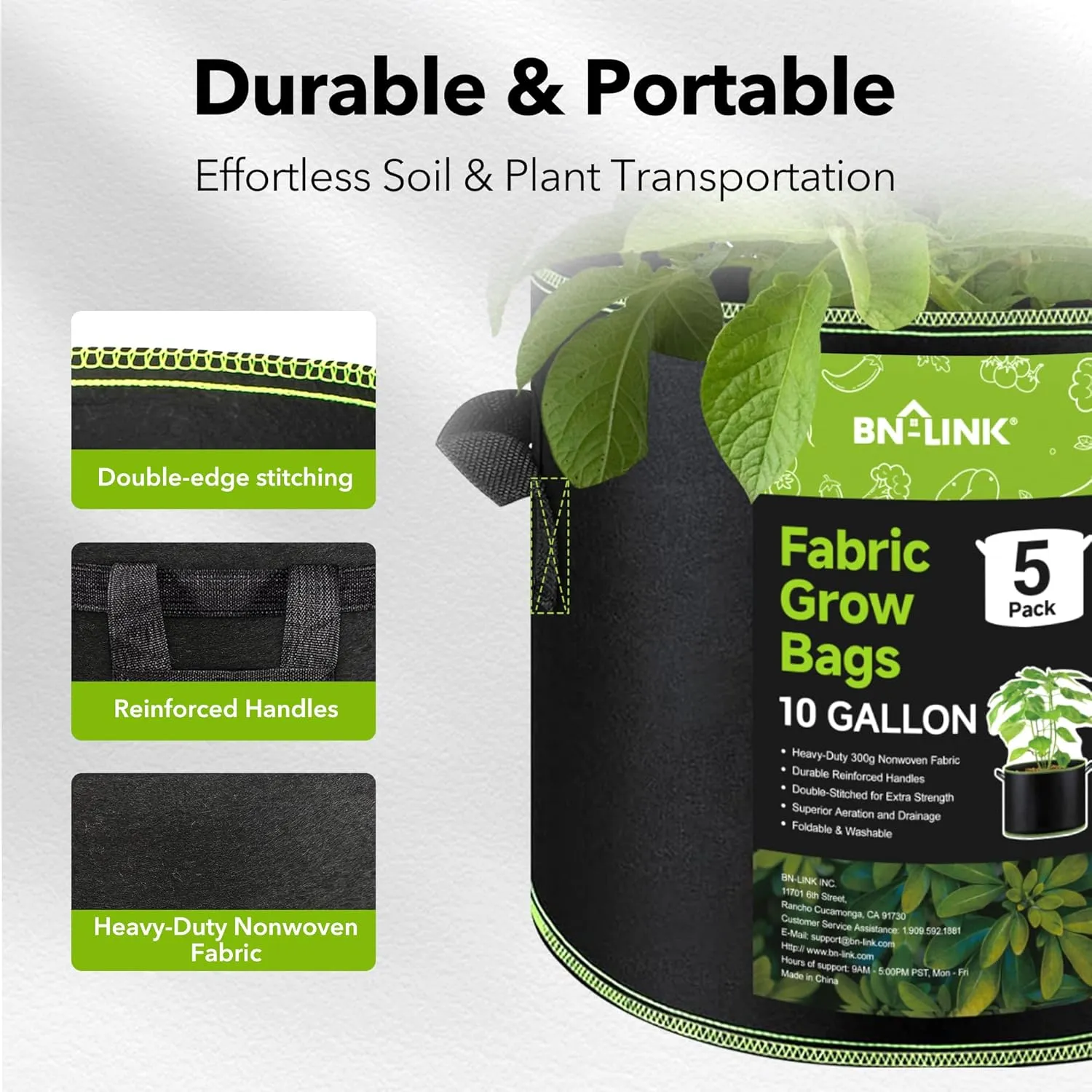 BN-LINK 5-Pack 10 Gallon Grow Bags, Heavy Duty Aeration Fabric Pots with Handles, Thickened Nonwoven Plant Bags for Vegetables, Flowers, Fruits