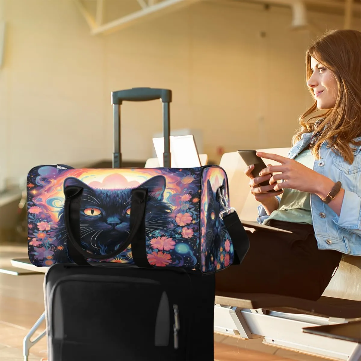 Boho Cat Travel Duffle Bag, Sports Gym Bags for Women Men, Carry On Weekender Overnight Bag, Flower Cat Workout Hospital Airplane Trips Bag
