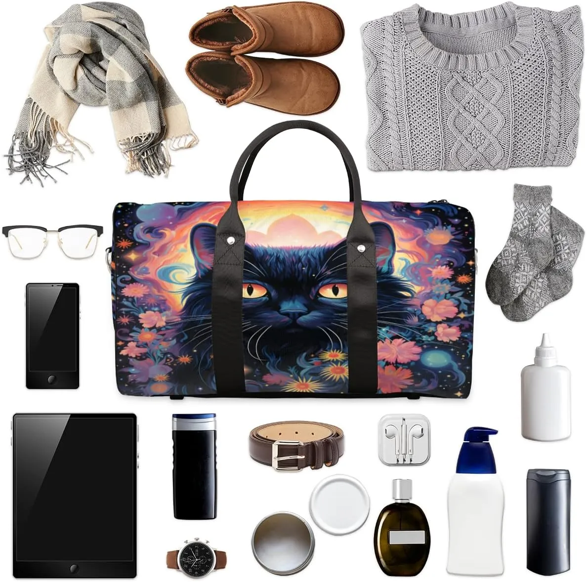 Boho Cat Travel Duffle Bag, Sports Gym Bags for Women Men, Carry On Weekender Overnight Bag, Flower Cat Workout Hospital Airplane Trips Bag