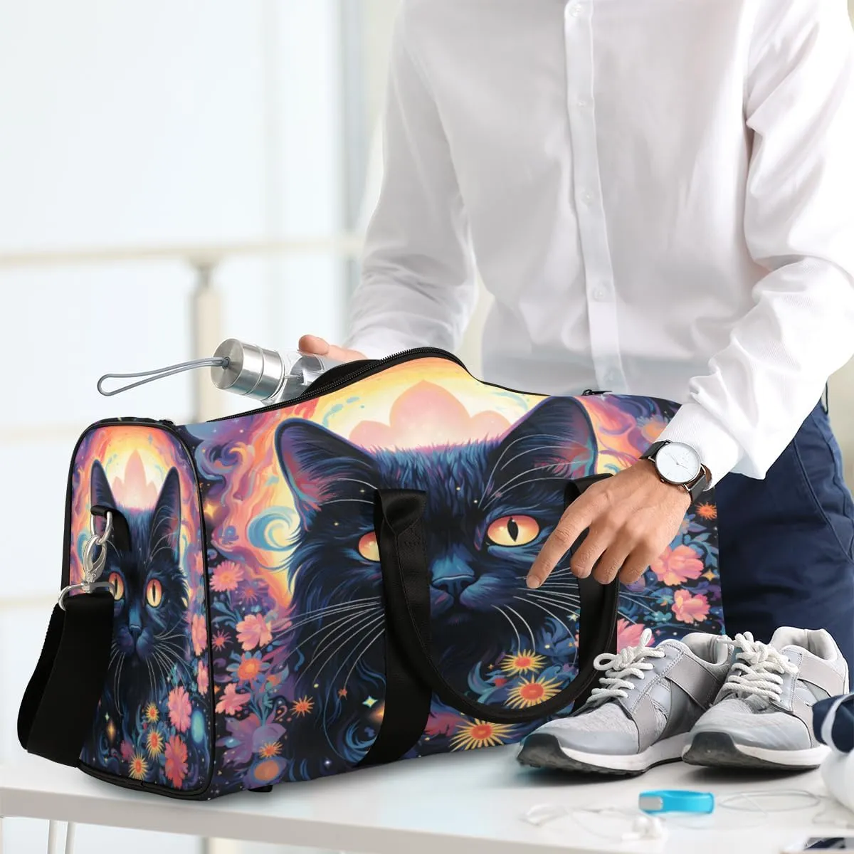 Boho Cat Travel Duffle Bag, Sports Gym Bags for Women Men, Carry On Weekender Overnight Bag, Flower Cat Workout Hospital Airplane Trips Bag