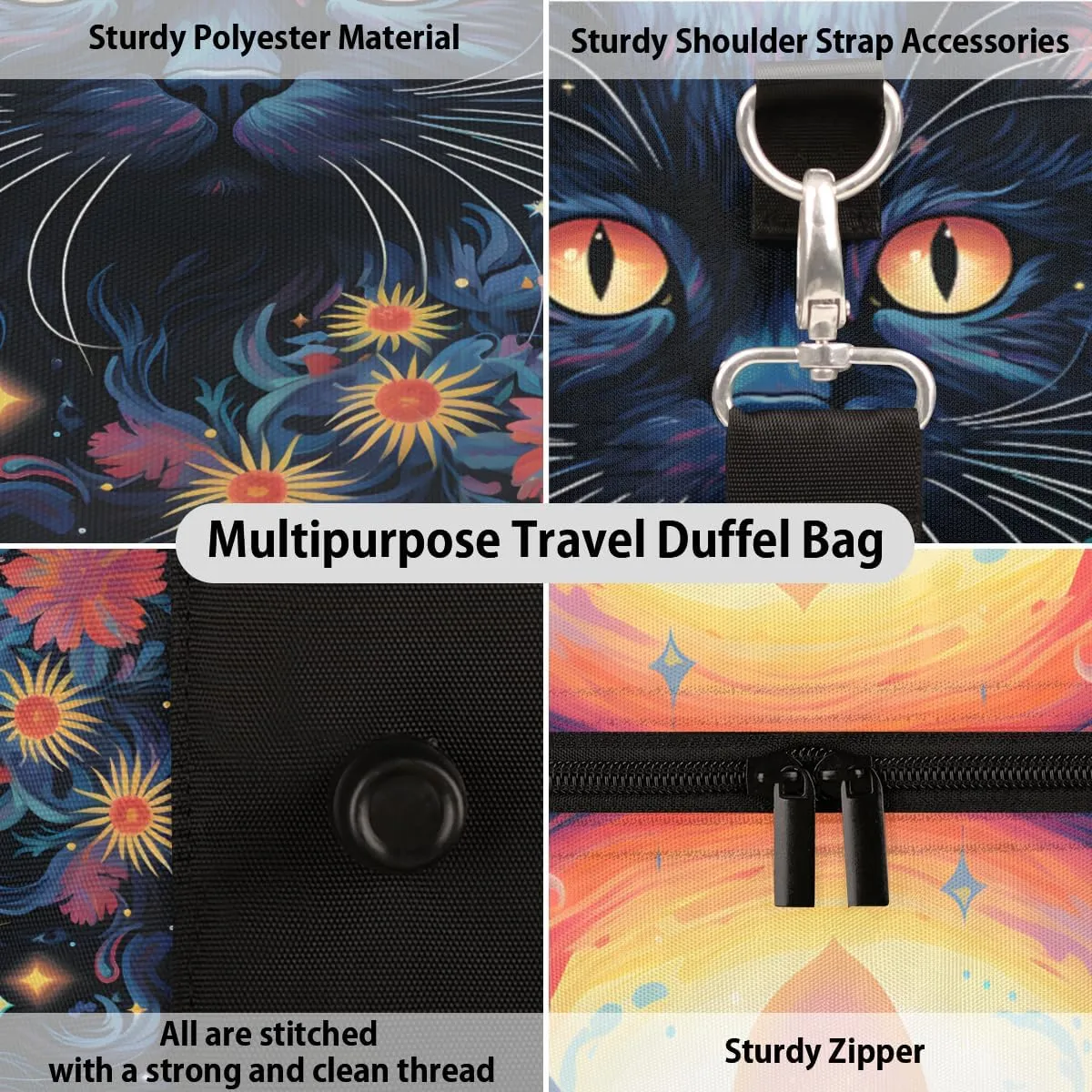 Boho Cat Travel Duffle Bag, Sports Gym Bags for Women Men, Carry On Weekender Overnight Bag, Flower Cat Workout Hospital Airplane Trips Bag
