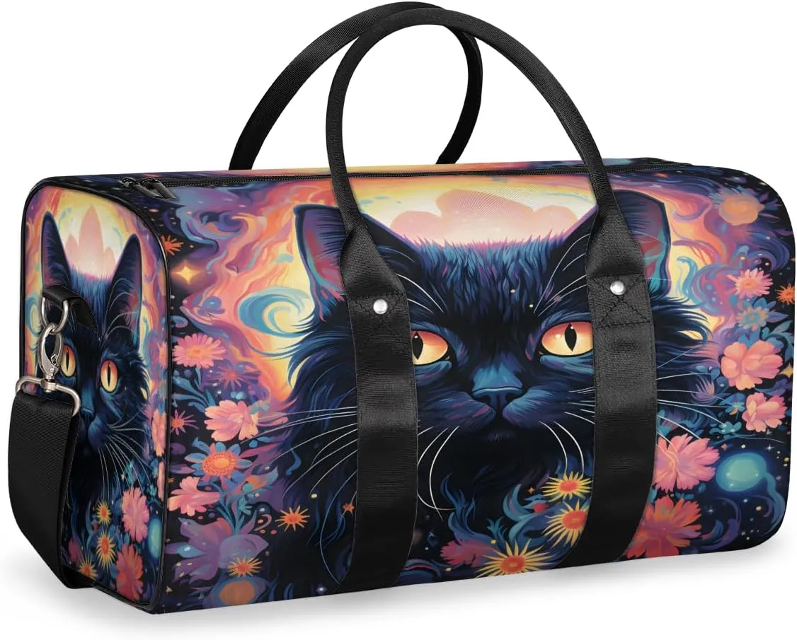 Boho Cat Travel Duffle Bag, Sports Gym Bags for Women Men, Carry On Weekender Overnight Bag, Flower Cat Workout Hospital Airplane Trips Bag