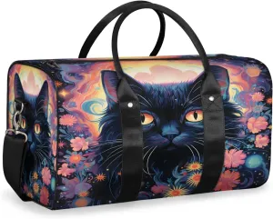 Boho Cat Travel Duffle Bag, Sports Gym Bags for Women Men, Carry On Weekender Overnight Bag, Flower Cat Workout Hospital Airplane Trips Bag