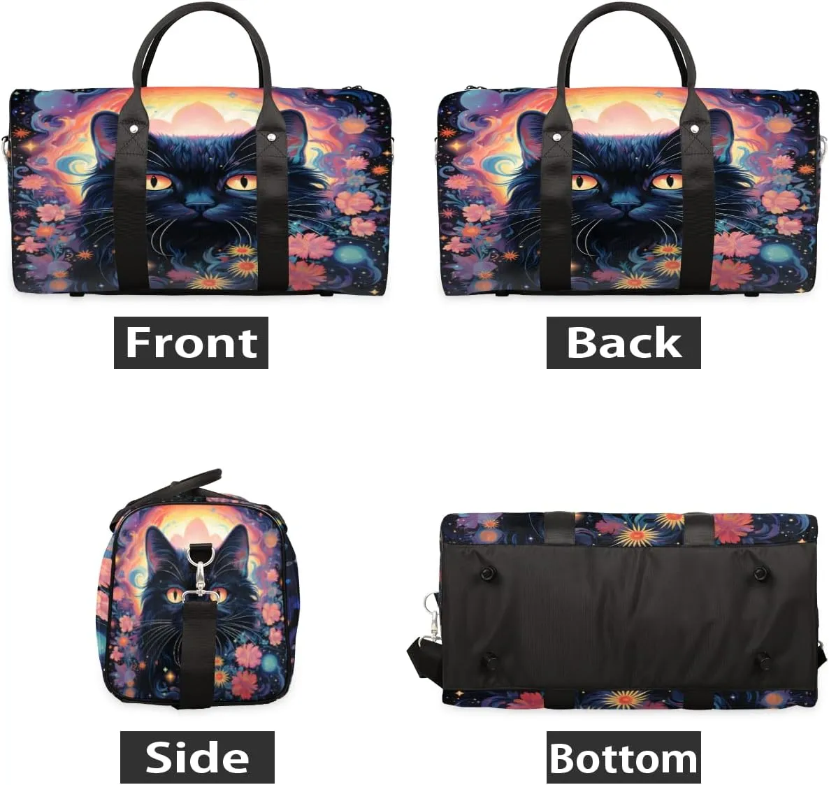 Boho Cat Travel Duffle Bag, Sports Gym Bags for Women Men, Carry On Weekender Overnight Bag, Flower Cat Workout Hospital Airplane Trips Bag