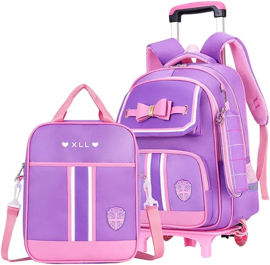 Bowknot Kids Girls Rolling Backpack Cute Carry-on Luggage with Wheels Trolly BookBag for School-2 Wheels