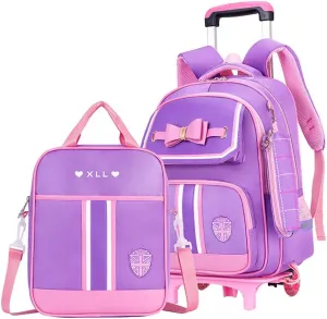 Bowknot Kids Girls Rolling Backpack Cute Carry-on Luggage with Wheels Trolly BookBag for School-2 Wheels