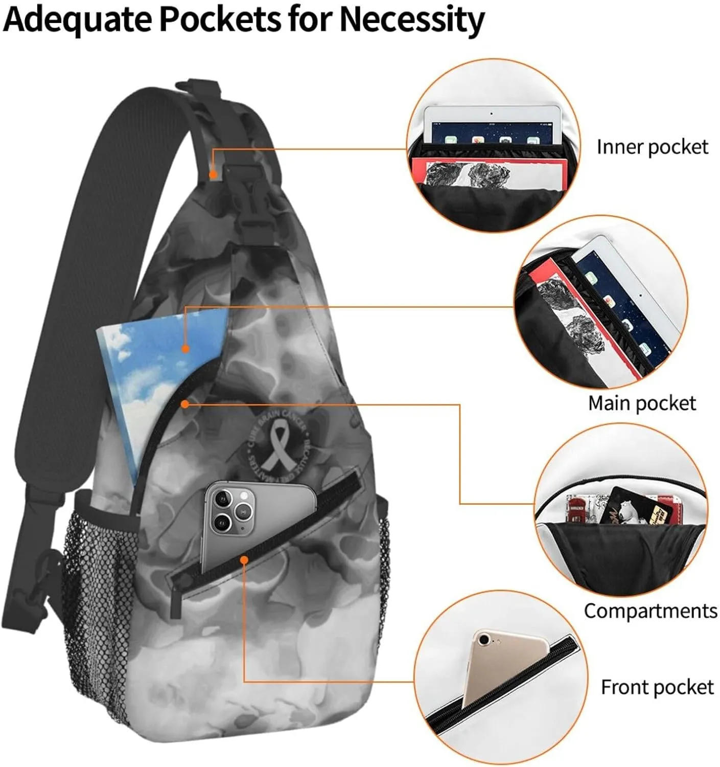 Brain Cancer Awareness Brain Tumor Sling Bag Crossbody Backpack Shoulder Casual Daypack Bag for Men Women