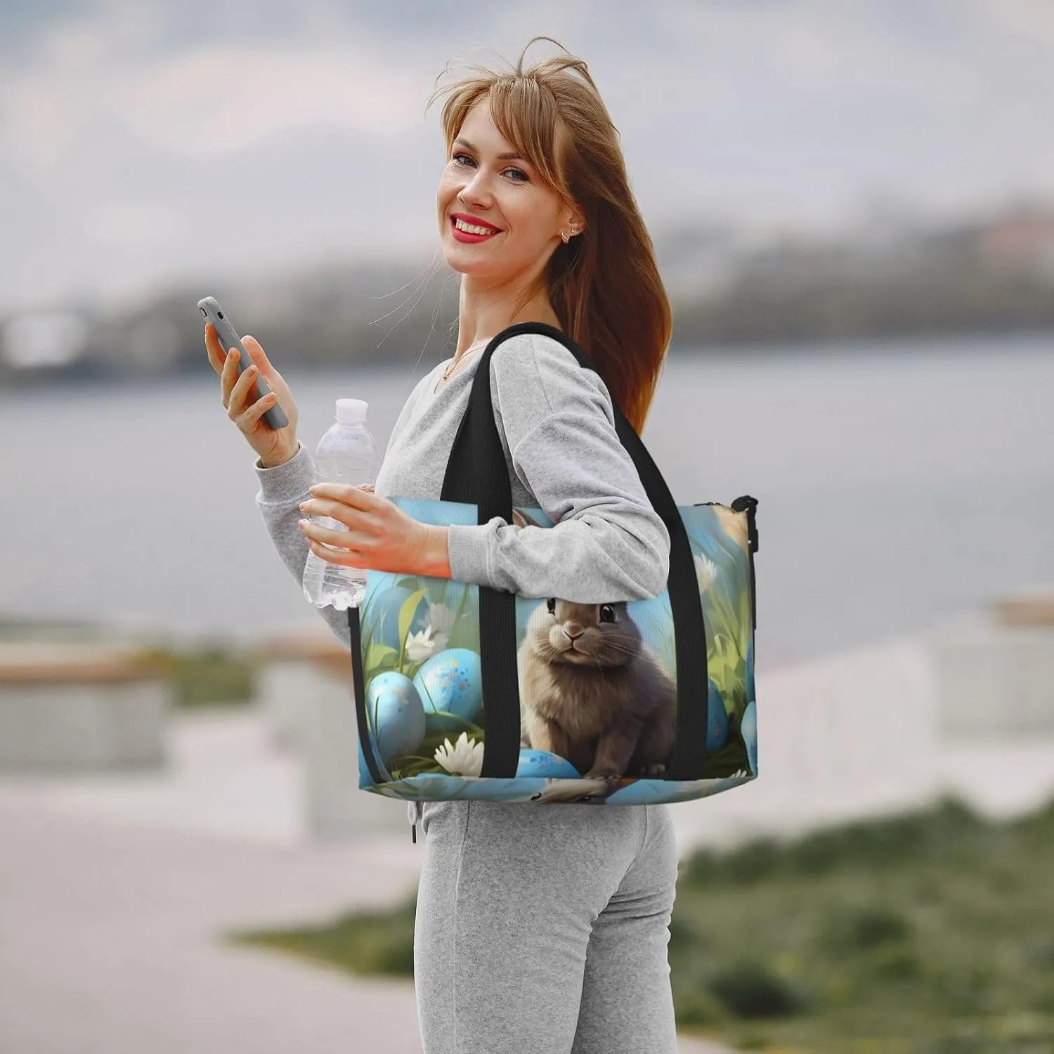 Bunny White Flower Travel Duffel Bags for Women Men, Sports Training Gym Bag Dance Bag with Adjustable Shoulder Strap Blue Easter Eggs Weekender Overnight Bag