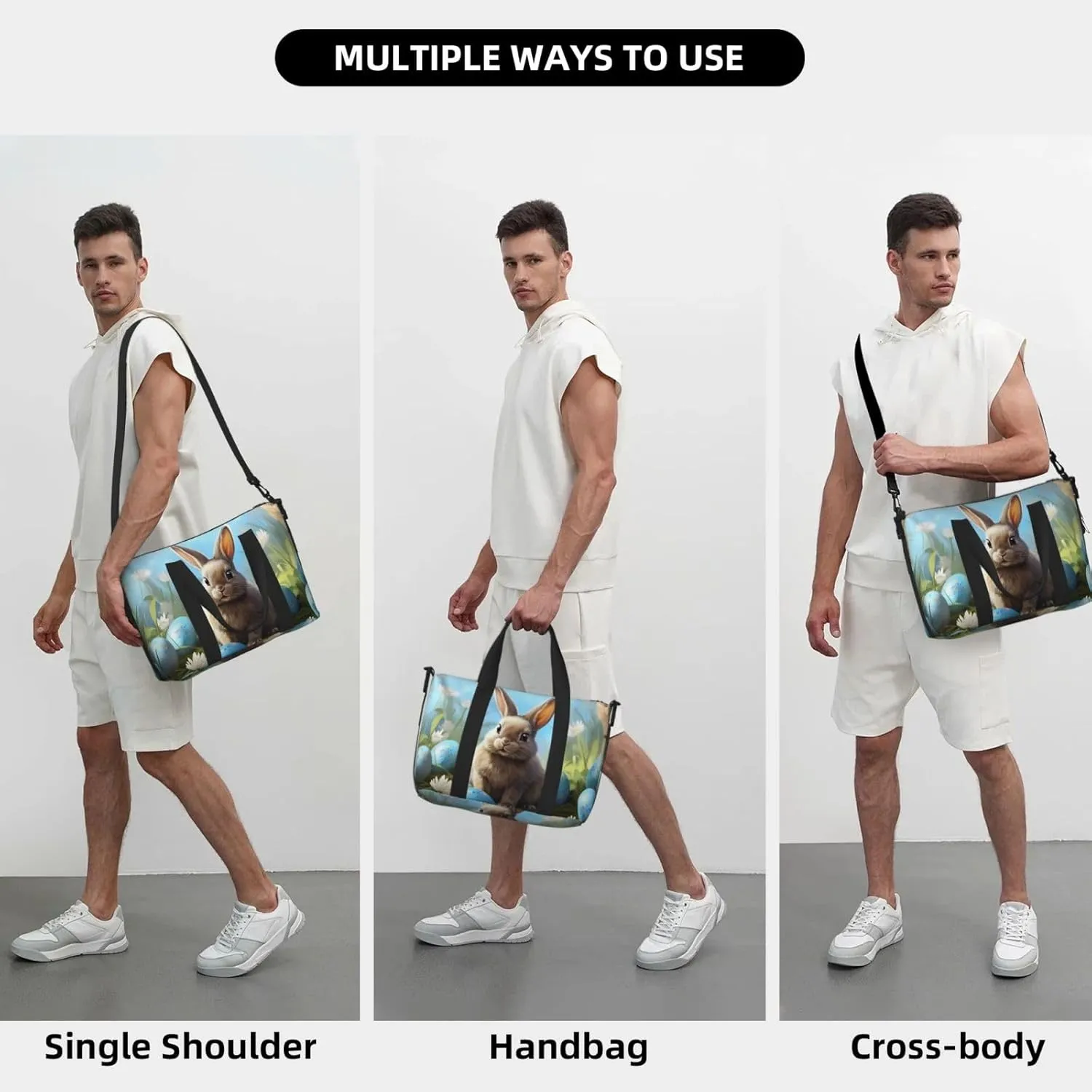 Bunny White Flower Travel Duffel Bags for Women Men, Sports Training Gym Bag Dance Bag with Adjustable Shoulder Strap Blue Easter Eggs Weekender Overnight Bag