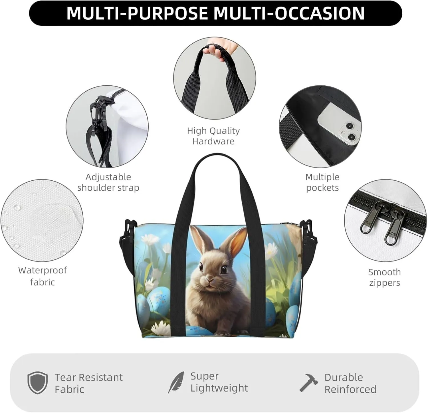 Bunny White Flower Travel Duffel Bags for Women Men, Sports Training Gym Bag Dance Bag with Adjustable Shoulder Strap Blue Easter Eggs Weekender Overnight Bag