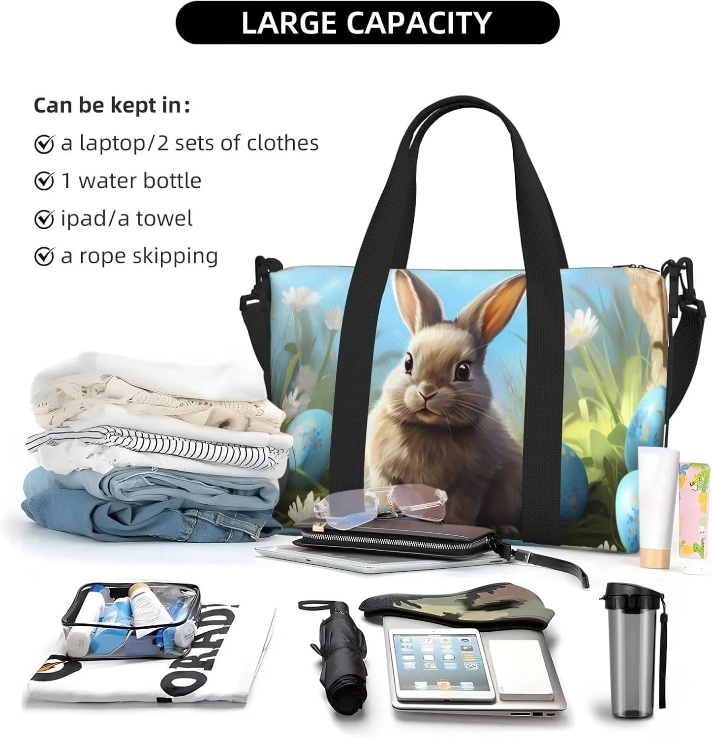 Bunny White Flower Travel Duffel Bags for Women Men, Sports Training Gym Bag Dance Bag with Adjustable Shoulder Strap Blue Easter Eggs Weekender Overnight Bag