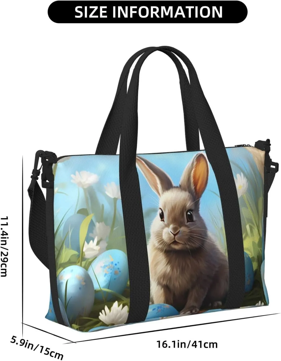 Bunny White Flower Travel Duffel Bags for Women Men, Sports Training Gym Bag Dance Bag with Adjustable Shoulder Strap Blue Easter Eggs Weekender Overnight Bag