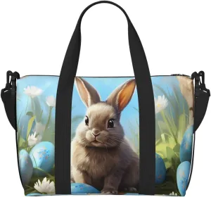 Bunny White Flower Travel Duffel Bags for Women Men, Sports Training Gym Bag Dance Bag with Adjustable Shoulder Strap Blue Easter Eggs Weekender Overnight Bag
