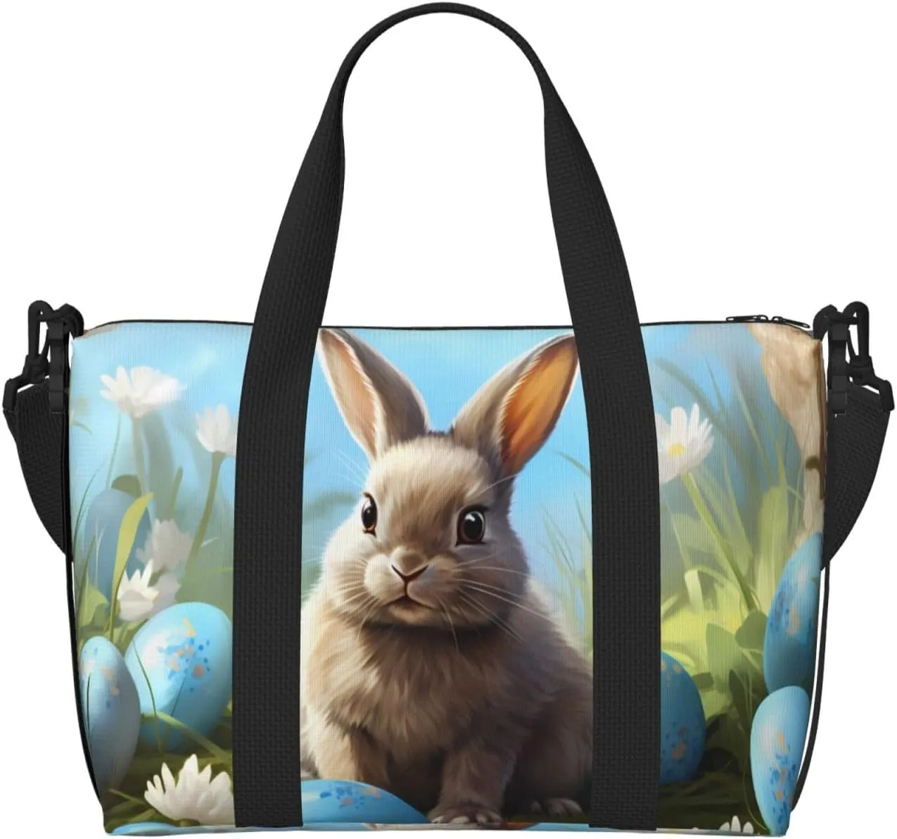 Bunny White Flower Travel Duffel Bags for Women Men, Sports Training Gym Bag Dance Bag with Adjustable Shoulder Strap Blue Easter Eggs Weekender Overnight Bag