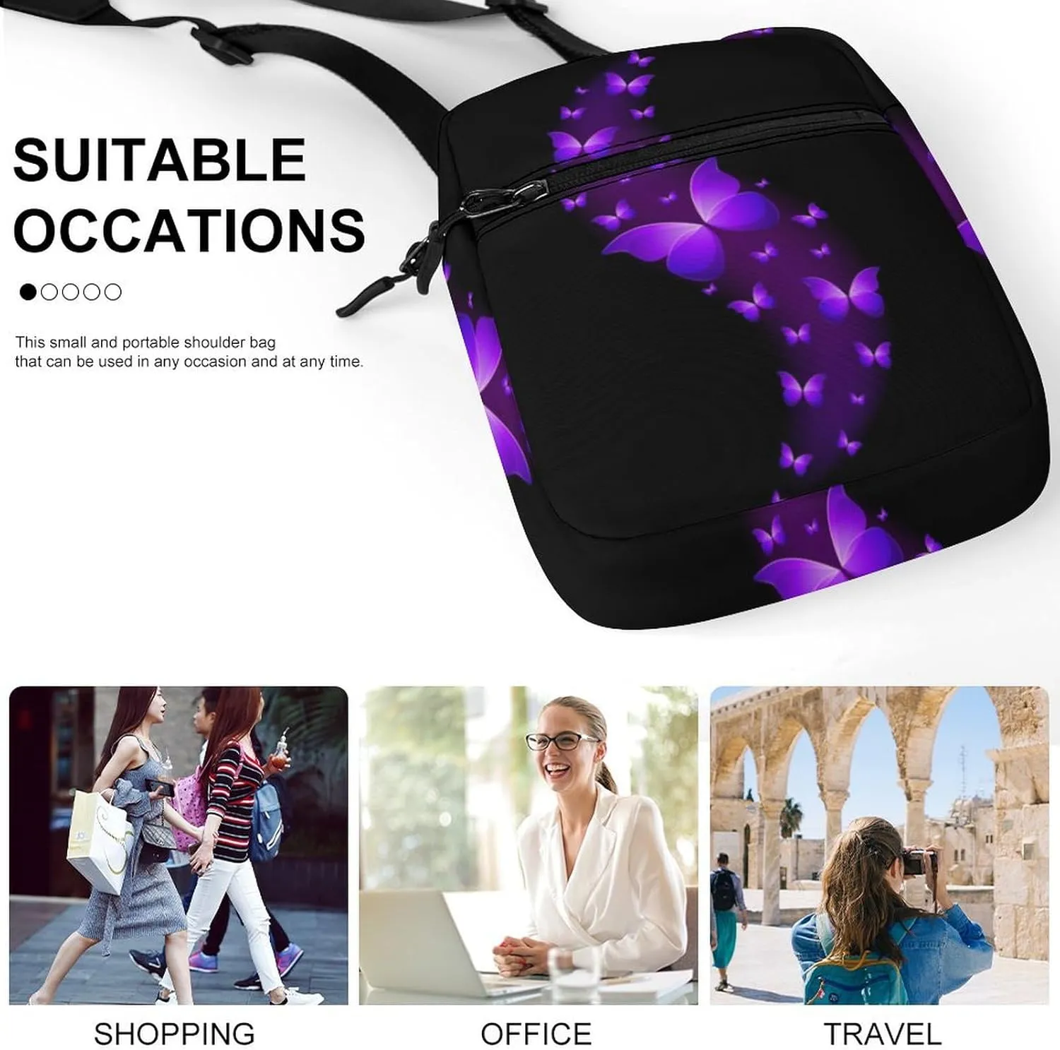 Butterfly Purple Black Detachable Shoulder Strap Small Shoulder Bag Unisex