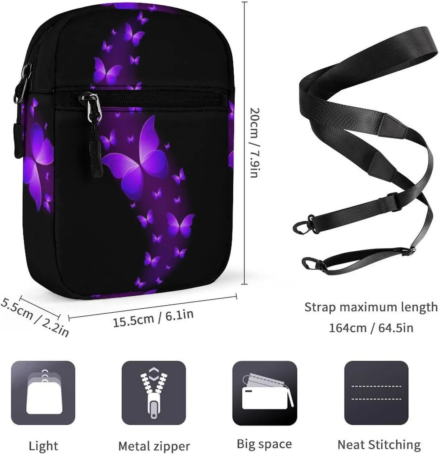 Butterfly Purple Black Detachable Shoulder Strap Small Shoulder Bag Unisex