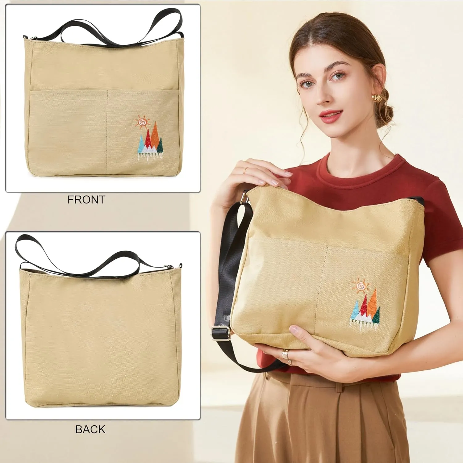 Canvas Crossbody Bag for Women Men, Fashion Casual Shoulder Bags Messenger Bag with Embroidery