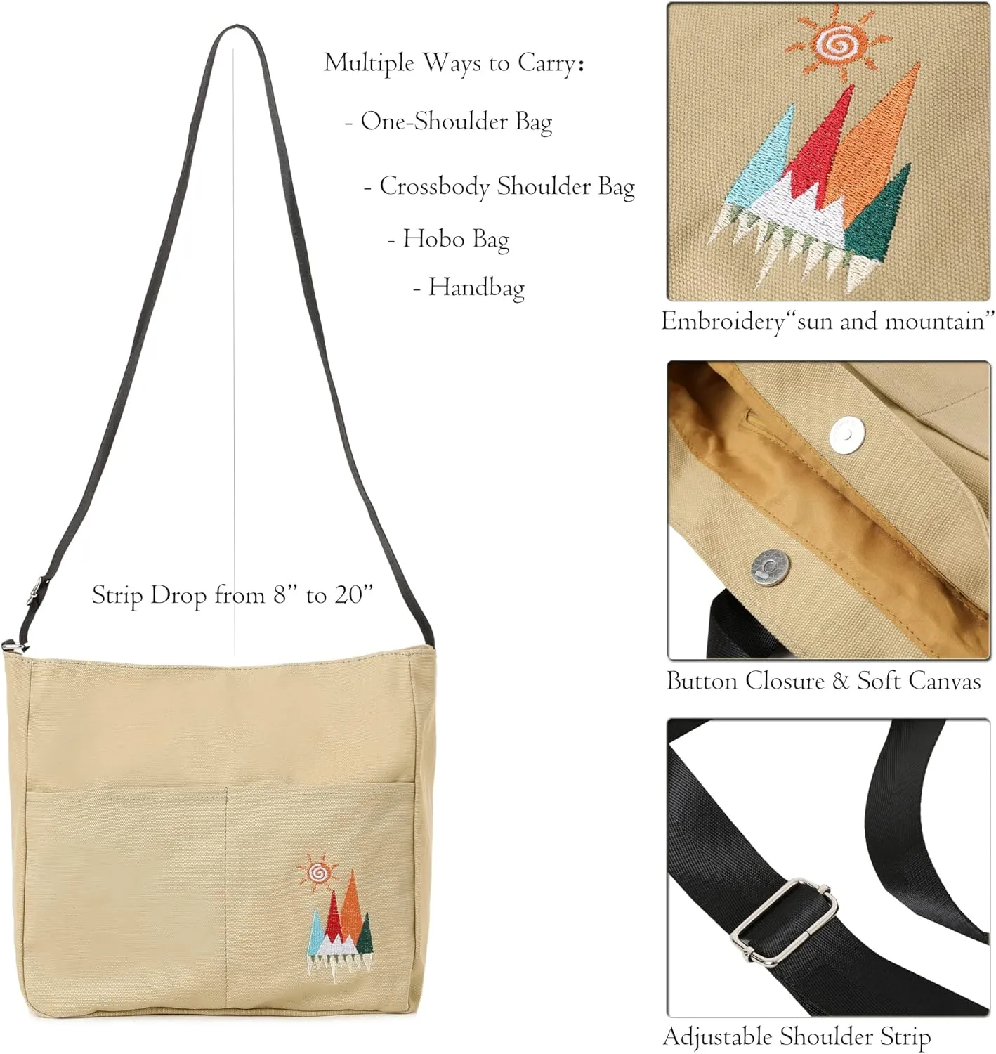 Canvas Crossbody Bag for Women Men, Fashion Casual Shoulder Bags Messenger Bag with Embroidery