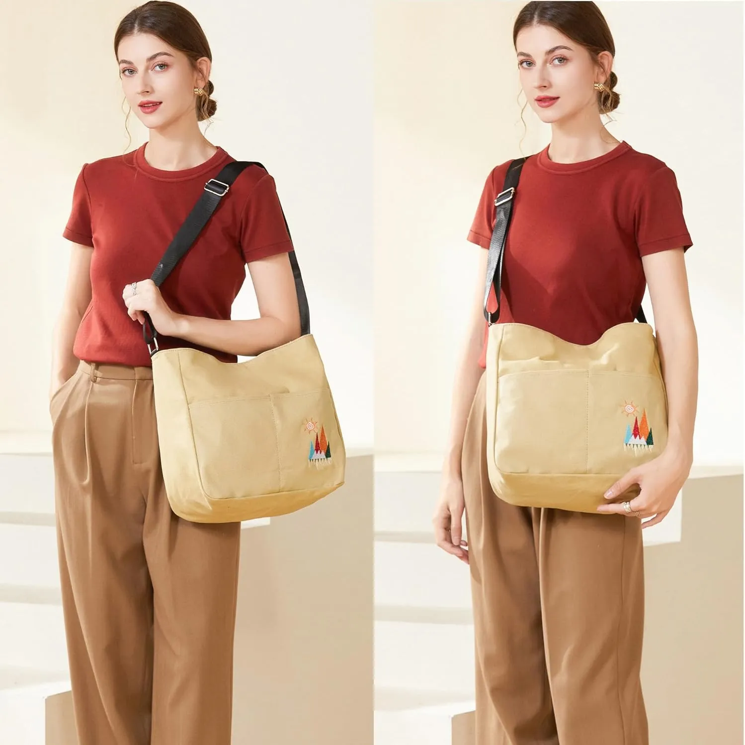 Canvas Crossbody Bag for Women Men, Fashion Casual Shoulder Bags Messenger Bag with Embroidery