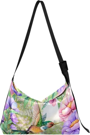 Casual Shoulder Bag Crossbody Beautiful Garland Hummingbird Hobo Handbag Purses with Wide Shoulder Strap Spring Flowers Trendy Large Messenger Bag Tote Bags for Women Men