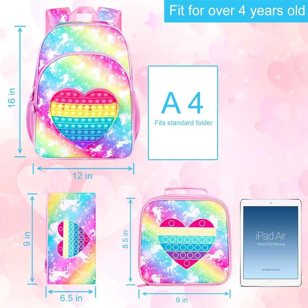 CCJPX 3PCS Unicorn Backpacks for Girls, 16" Kids Preschool School Bookbag and Lunch Box for Elementary Toddler Kindergarten - Pink