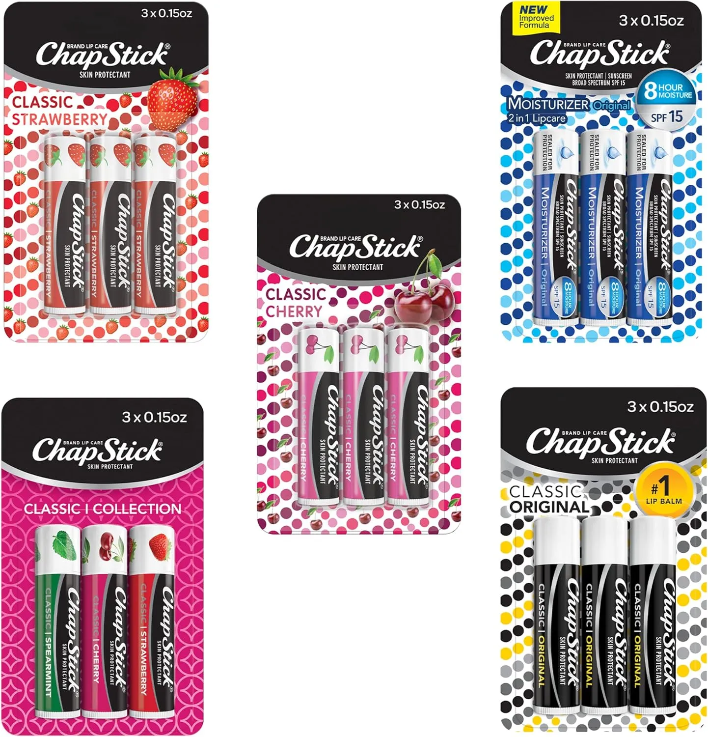 ChapStick Classic Collection Flavored Lip Balm Tubes Pack, Lip Moisturizer - 0.15 Oz (Box of 5 Packs of 3)