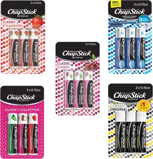 ChapStick Classic Collection Flavored Lip Balm Tubes Pack, Lip Moisturizer - 0.15 Oz (Box of 5 Packs of 3)