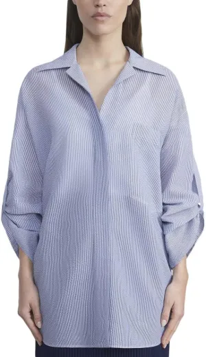 Covered Placket Crop Sleeve Silk-Blend Blouse