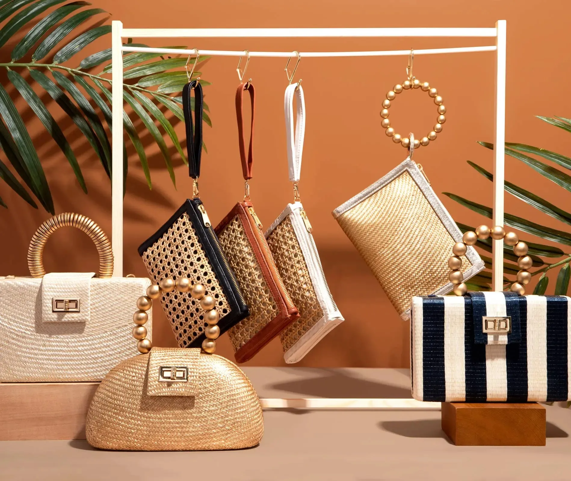 Cream Straw Clutch | Gold Bead Handle | Summer Resort 2025