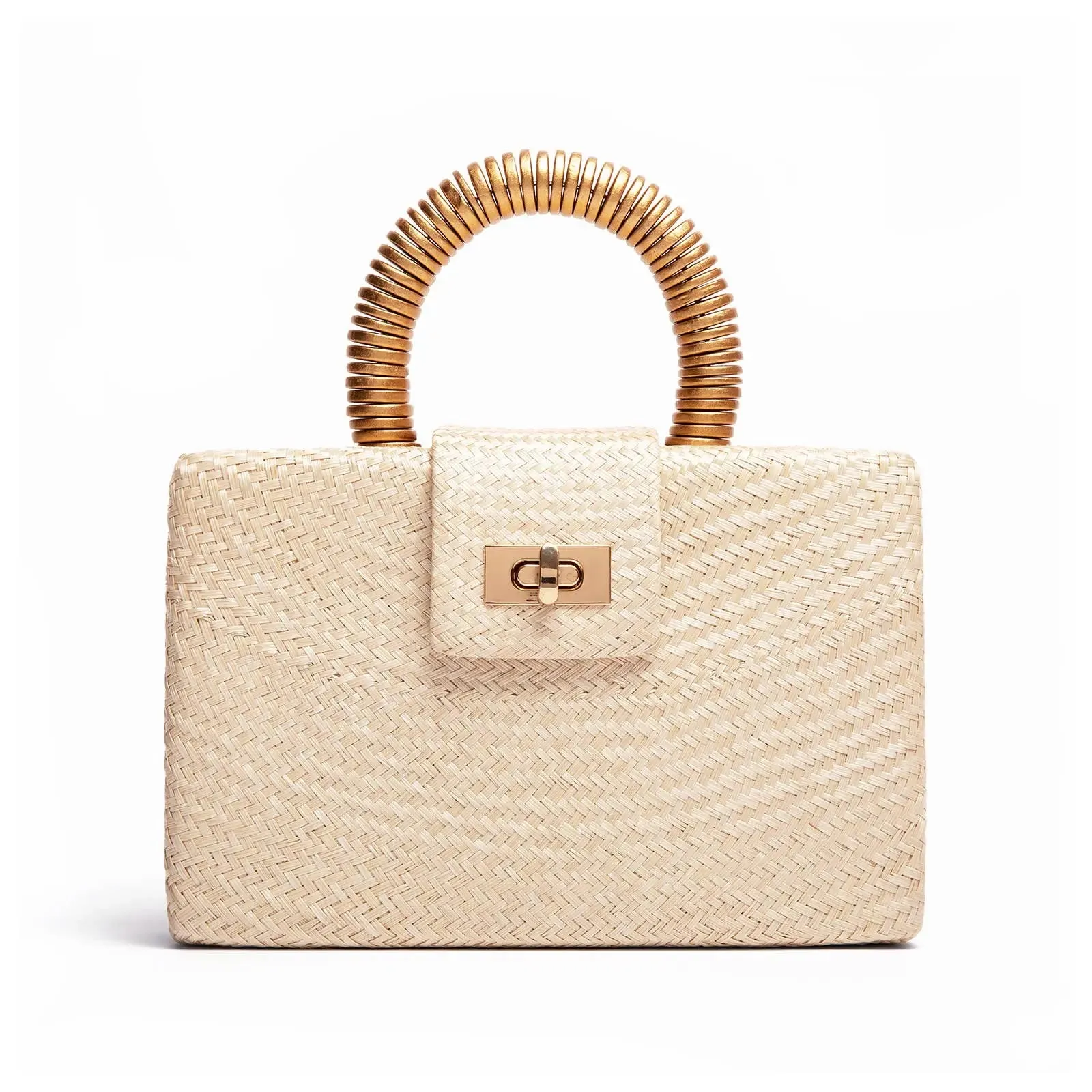 Cream Straw Clutch | Gold Bead Handle | Summer Resort 2025