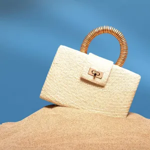 Cream Straw Clutch | Gold Bead Handle | Summer Resort 2025