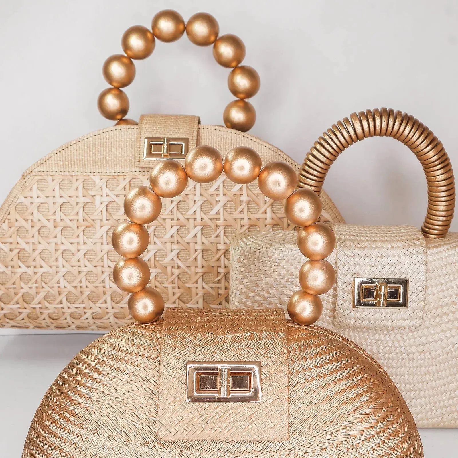 Cream Straw Clutch | Gold Bead Handle | Summer Resort 2025