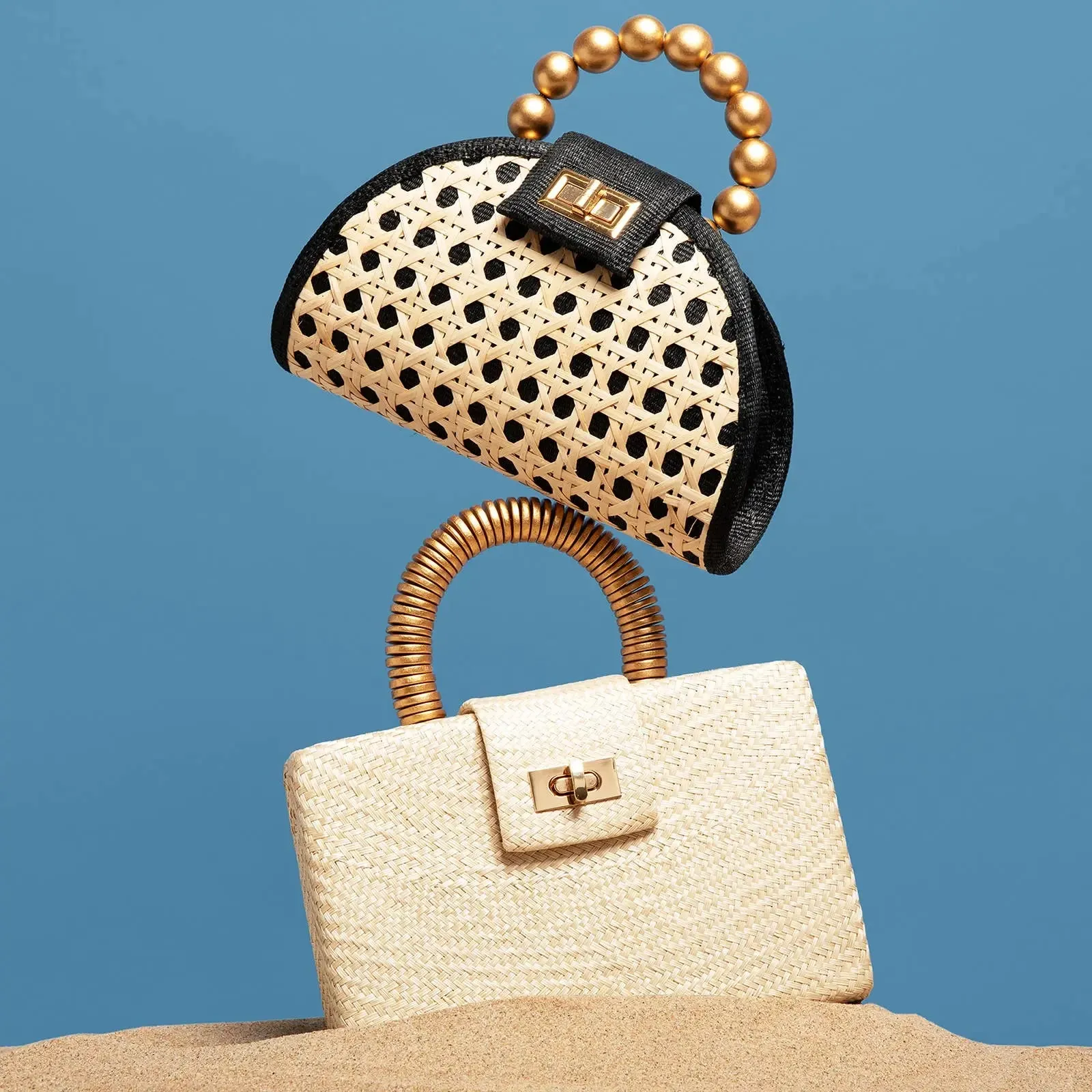Cream Straw Clutch | Gold Bead Handle | Summer Resort 2025