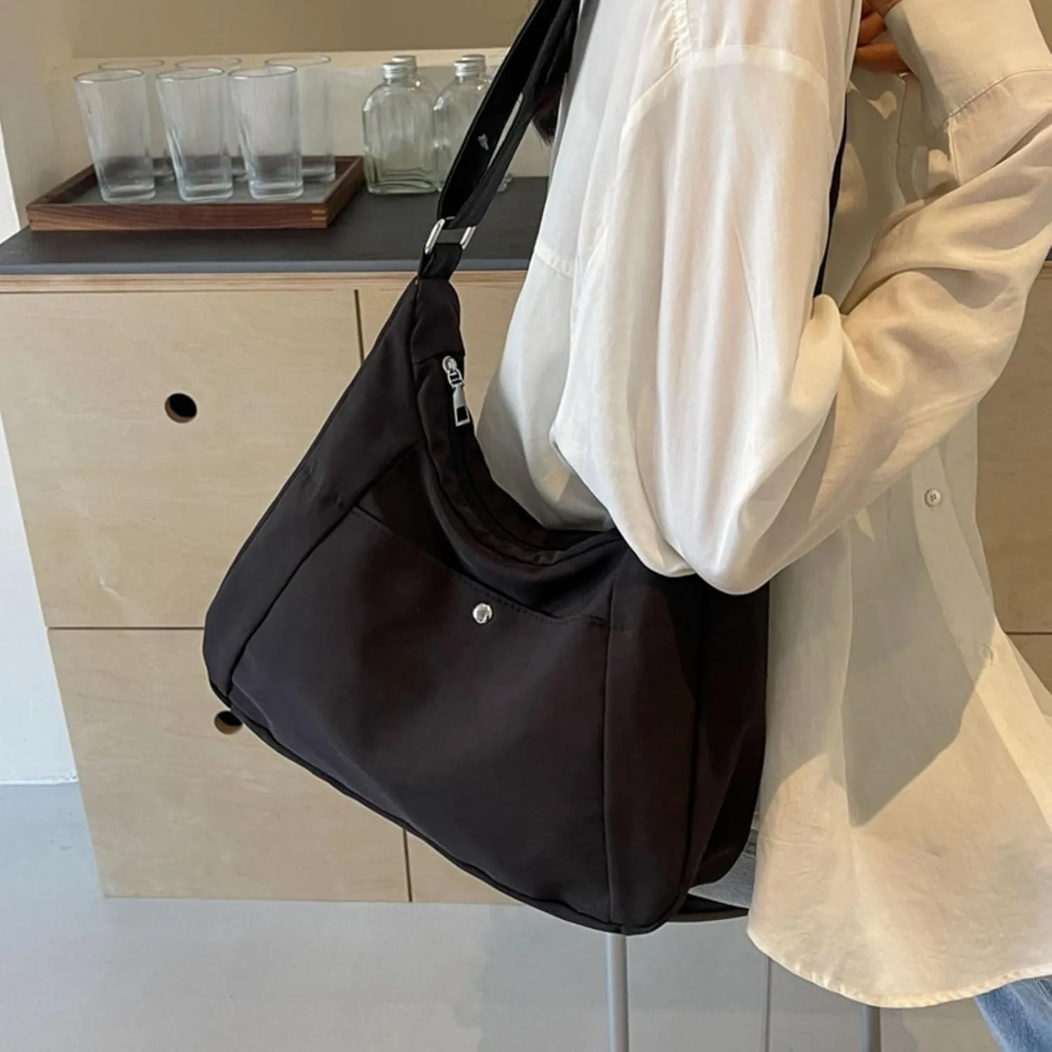 Crossbody Bags For Women with Adjustable Strap Nylon Canvas Shoulder Bag Lightweight Casual Handbags New Zipper Purse Large (Black)