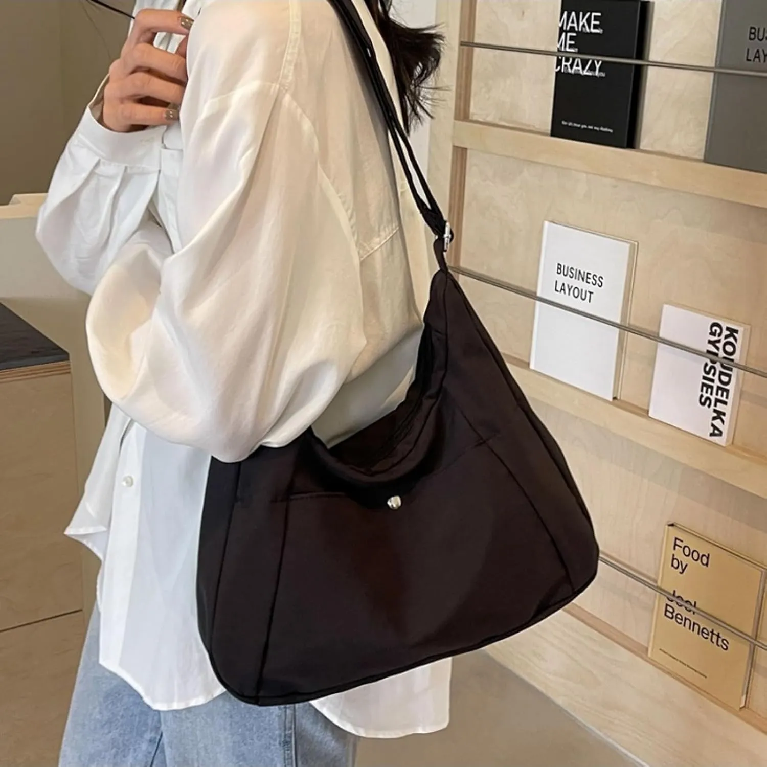 Crossbody Bags For Women with Adjustable Strap Nylon Canvas Shoulder Bag Lightweight Casual Handbags New Zipper Purse Large (Black)