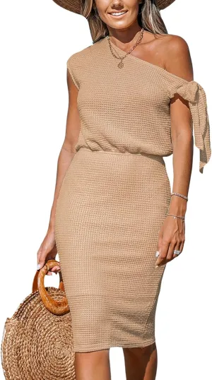 CUPSHE Women Knit One Shoulder Midi Summer Dress Off Shoulder Tie Knot Elastic Waist Bodycon Casual Beach Spring Dresses