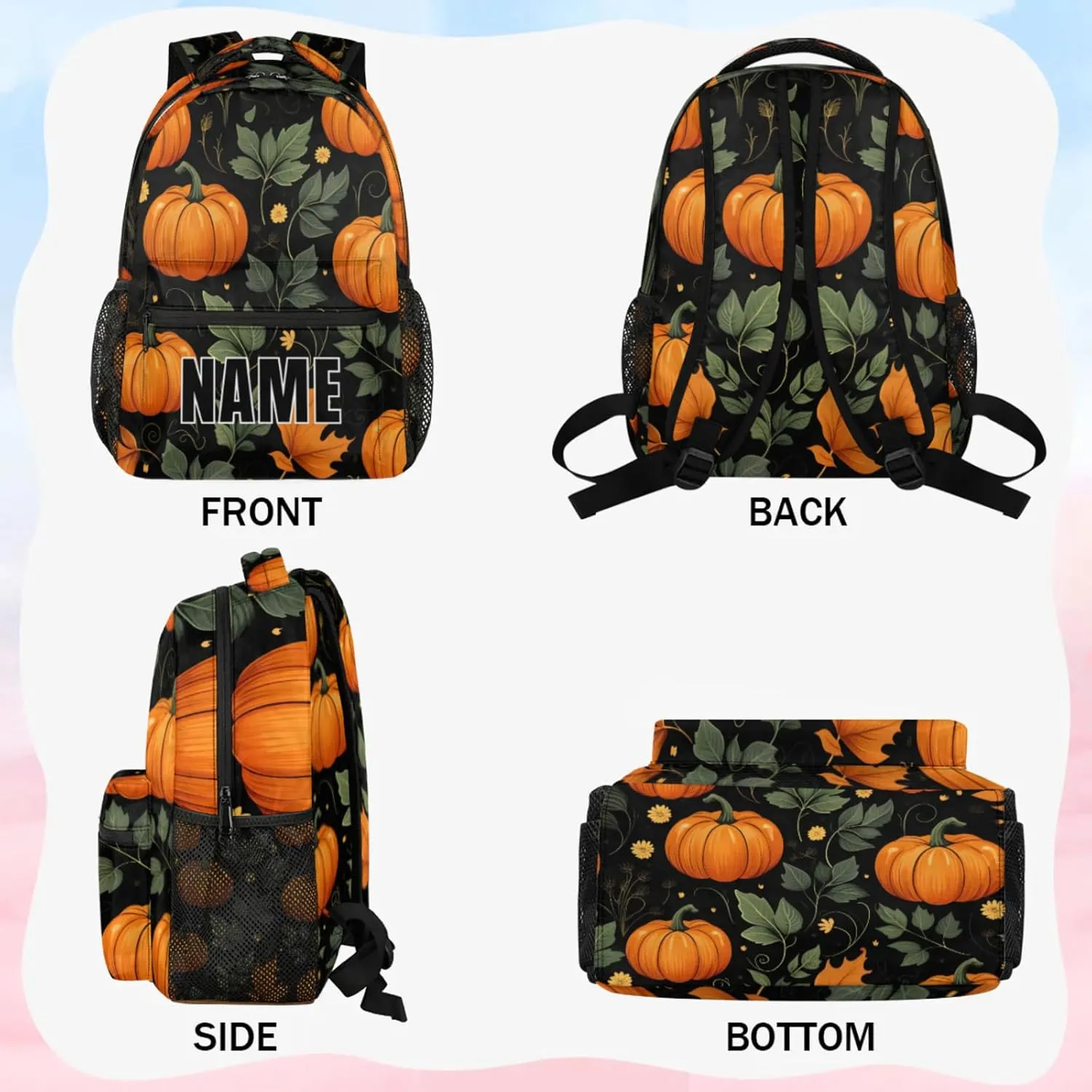 Custom Pumpkin Backpack with Name Personalized Waterproof Casual Daypack Fall Thanksgiving Pumpkin Customize Laptop Backpacks for Women Men