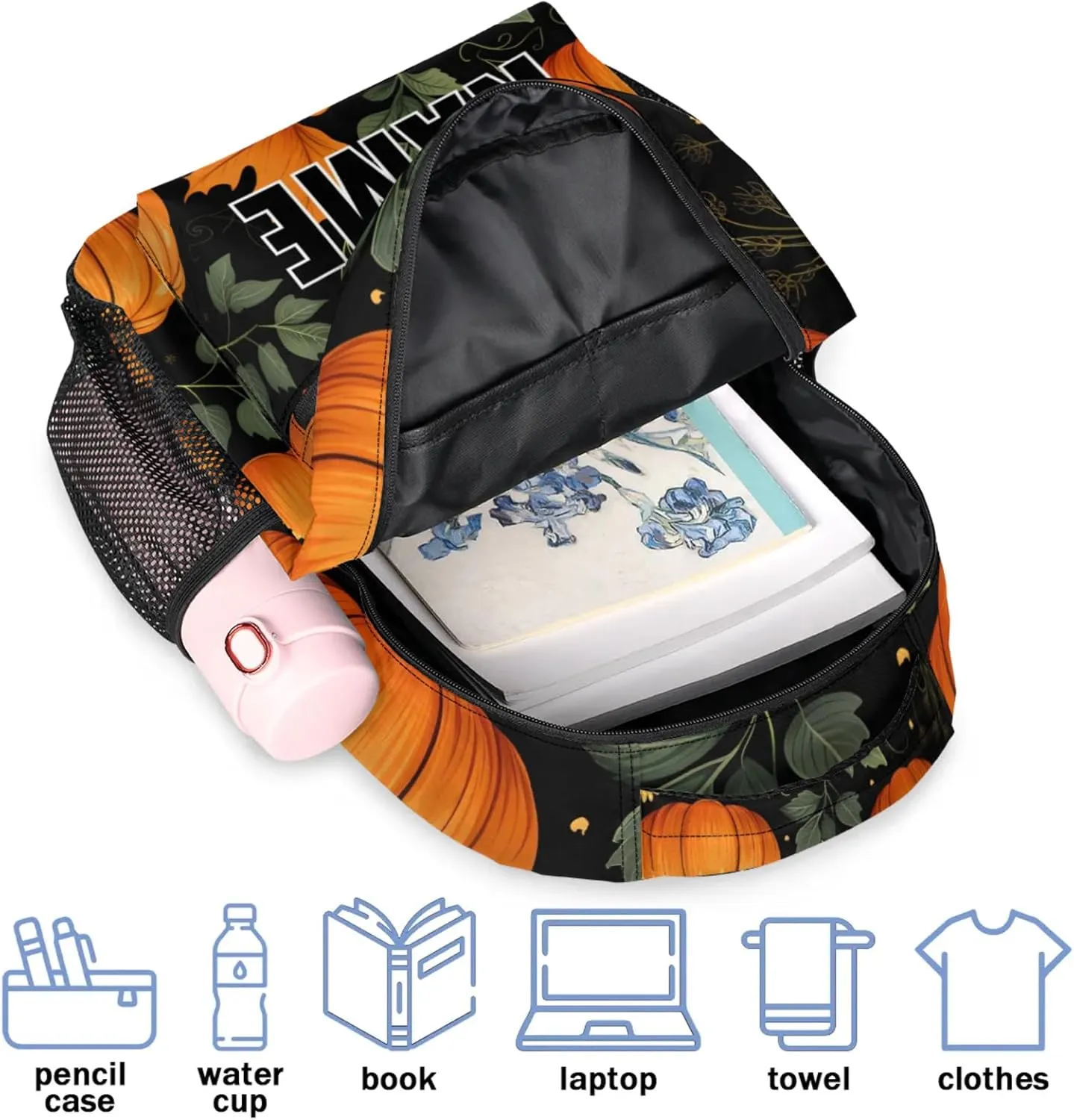 Custom Pumpkin Backpack with Name Personalized Waterproof Casual Daypack Fall Thanksgiving Pumpkin Customize Laptop Backpacks for Women Men