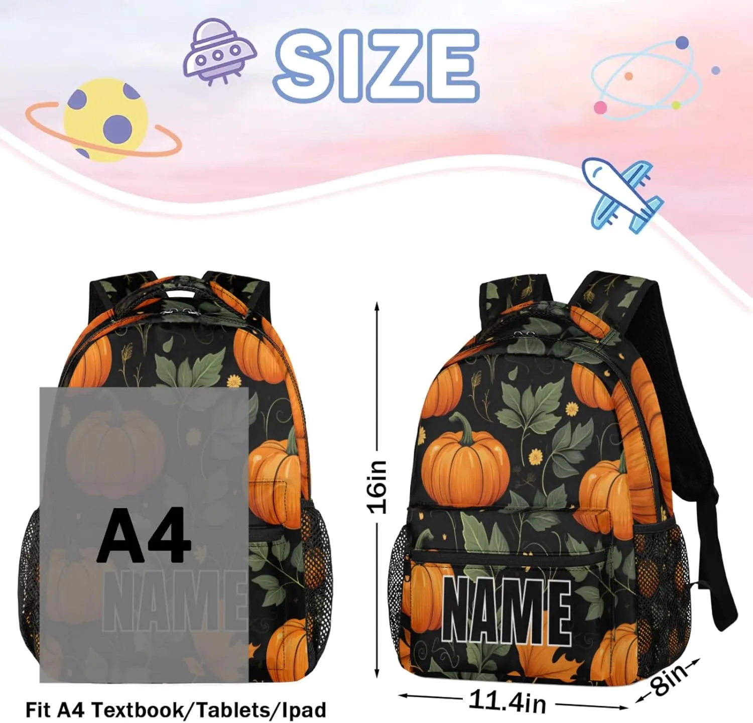 Custom Pumpkin Backpack with Name Personalized Waterproof Casual Daypack Fall Thanksgiving Pumpkin Customize Laptop Backpacks for Women Men