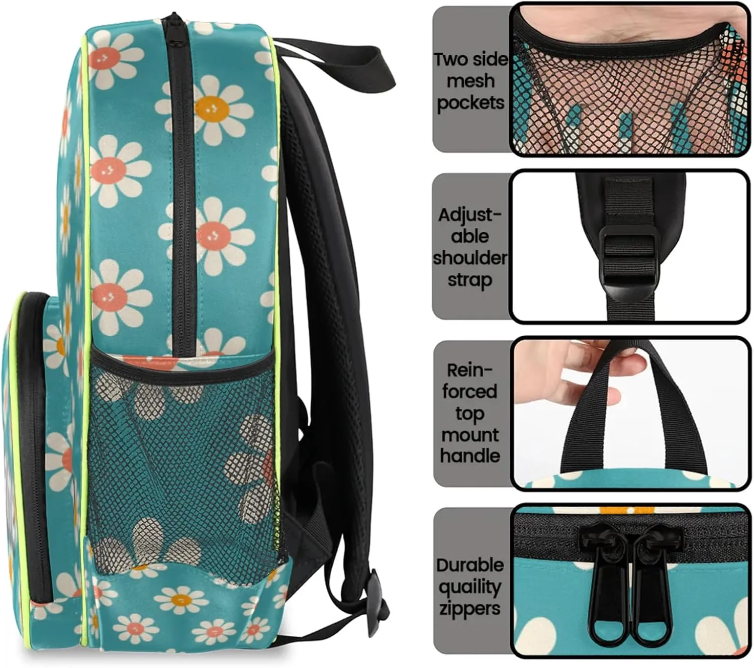 Daisy Flowers Custom Backpack with Name Cute Personalized Small Shoulder Bag Waterproof Travel Casual Backpack with Chest Strap 14.2in