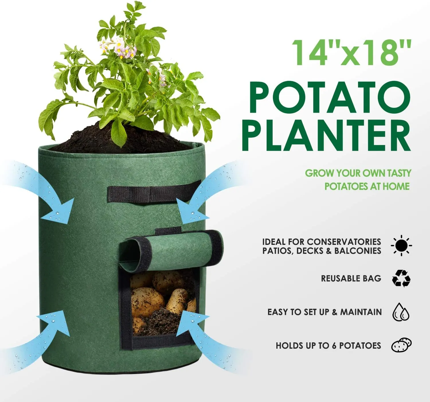 Delxo 5 Pack 10 Gallon Potato Grow Bags, Garden Planting Growing Bag with Flap, Double Layer Breathable Nonwoven Cloth for Potatoes/Planter/Vegetable/Tomato Fabric Pots with Handles Green