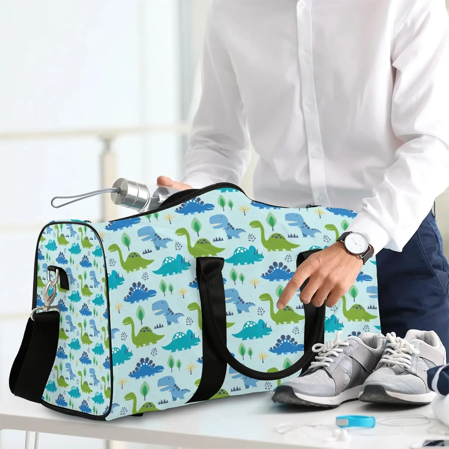 Dinosaur Themed Travel Duffle Bag, Weekender Bags for Women Men, Carry on Overnight Bag Waterproof Gym Bags, Hospital Bag for Labor and Delivery