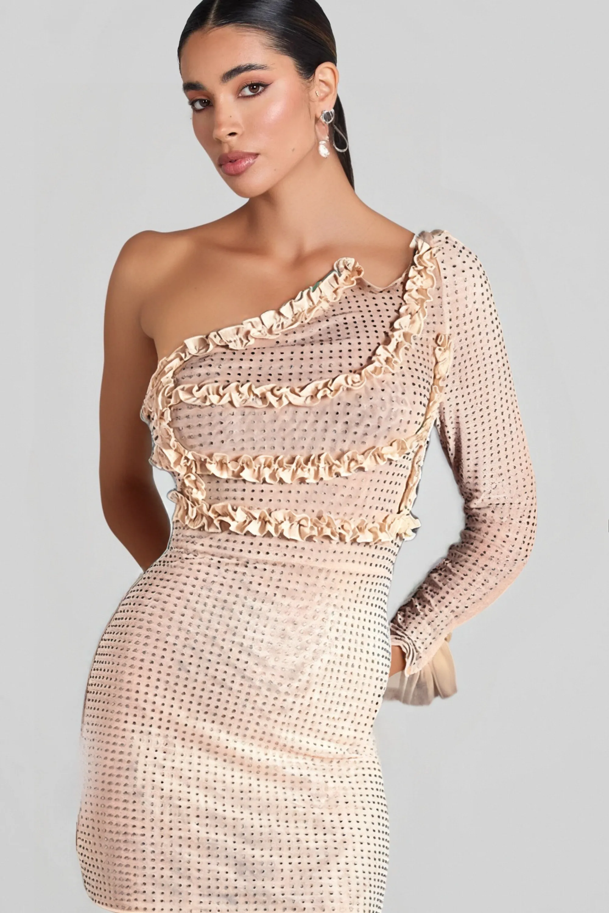 DIOGENIS ONE SHOULDER RHINESTONE MINI DRESS