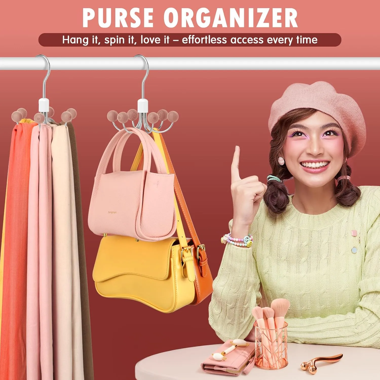 DOIOWN Purse Organizer,4 Pack Space Saving Purse Hangers for Closet,Multi Purpose Rotating Tank Top Hangers for Bags, Bras,Scarfs,Ties, Hoodies, Hat Closet Organizers and Storage