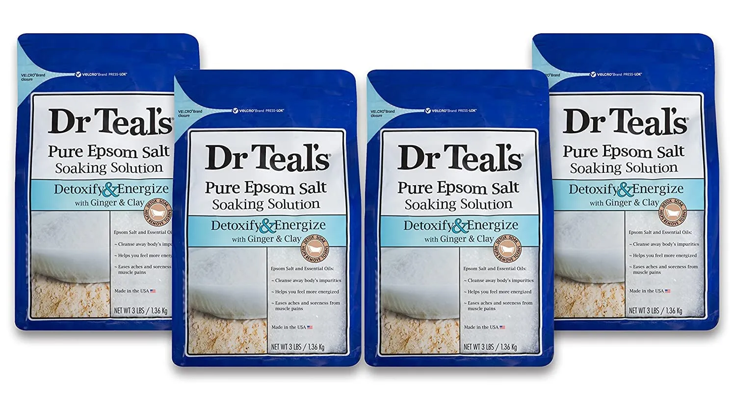 Dr. Teal's Ginger & Clay Bath Soak Mothers Day Gift Set (4 Pack, 3lbs Ea.) - Detoxify & Energize Ginger & Clay Blended with Pure Epsom Salt - Ease Aches & Pains, Cleans Out Harmful Toxins